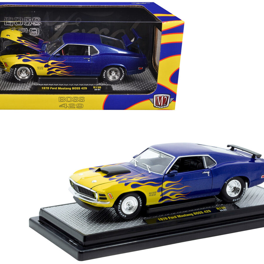 1970 Ford Mustang BOSS 429 Blue Metallic with Flame Graphics Limited Edition to 6650 pieces Worldwide 1/24 Diecast Model Car by M2 Machines Automotive