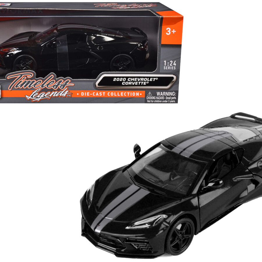 2020 Chevrolet Corvette C8 Stingray Black with Silver Stripes "Timeless Legends" Series 1/24 Diecast Model Car by Motormax Automotive