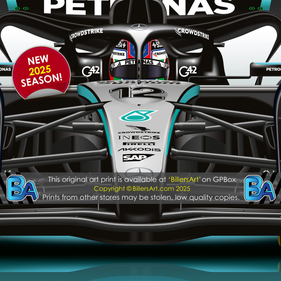 Andrea Kimi Antonelli's 2025 Helmet and Mercedes Racing Car. A Very High Quality Illustration F1 Art