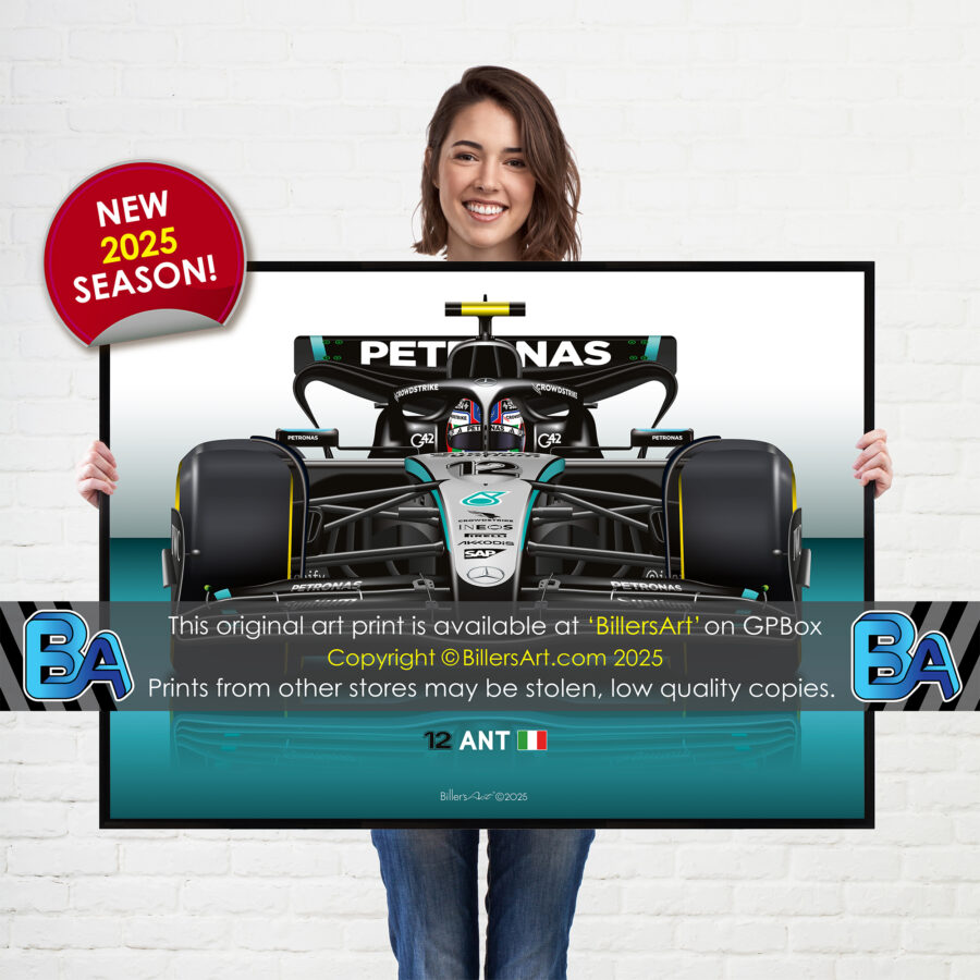 Andrea Kimi Antonelli's 2025 Mercedes Racing Car. A Very High Quality Illustration F1 Art