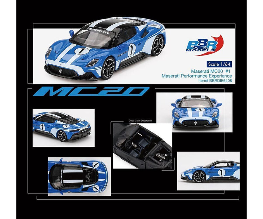 Maserati MC20 #1 Blue with White Stripes and Black Top "Maserati Performance Experience" 1/64 Diecast Model Car by BBR from the Maserati store collection.