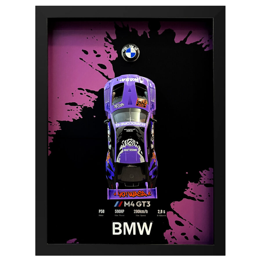 BMW M4 GT3 WASA Graffiti Purple Edition 1:24 Handmade Framed Artwork from the Race Car Wall Art store collection.