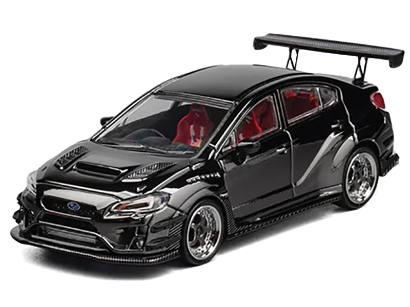 Subaru VAB WRX STI Widebody Black Metallic with Red Interior with Extra Wheels 1/64 Diecast Model Car by CM Model Automotive