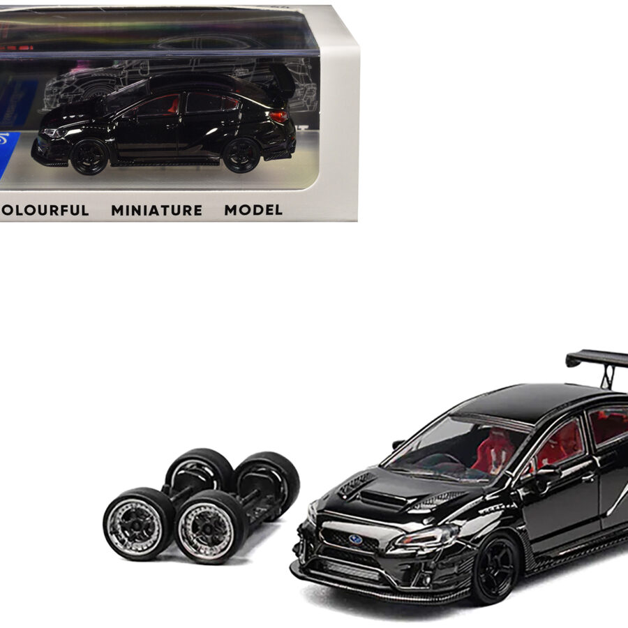 Subaru VAB WRX STI Widebody Black Metallic with Red Interior with Extra Wheels 1/64 Diecast Model Car by CM Model Automotive