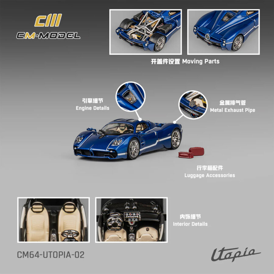 Pagani Utopia Blue Metallic with White Stripes 1/64 Diecast Model Car by CM Model Automotive