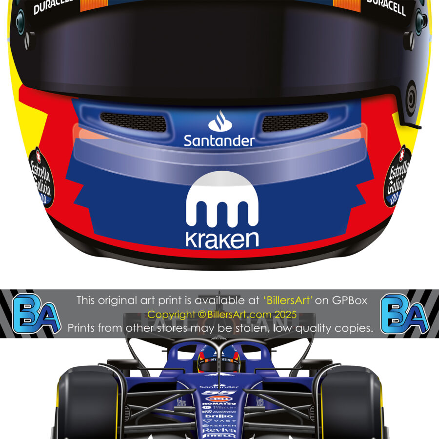 Carlos Sainz's 2025 Helmet and Williams Racing Car. A Very High Quality Illustration F1 Art