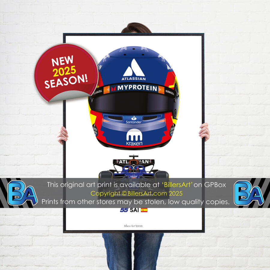 Carlos Sainz's 2025 Helmet and Williams Racing Car. A Very High Quality Illustration F1 Art