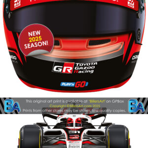 Esteban Ocon's 2025 Helmet and Haas Racing Car. A Very High Quality Illustration from the Haas F1 Team store collection.
