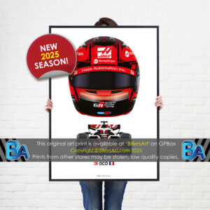 Esteban Ocon's 2025 Helmet and Haas Racing Car. A Very High Quality Illustration from the Haas F1 Team store collection.