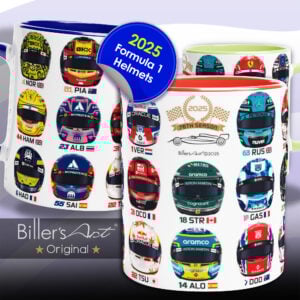 Formula 1 2025 All Driver Helmets Mug. All helmets featured Scuderia Toro Rosso by Billeresque