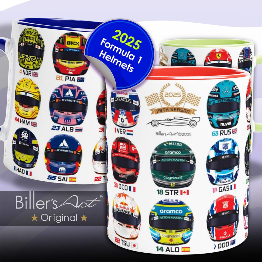 Formula 1 2025 All Driver Helmets Mug. All helmets featured from the Scuderia Toro Rosso store collection.