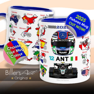 Andrea Kimi Antonelli's 2025 Formula 1 Helmet and Car High Quality Calendar Mug from the Formula 1 Memorabilia store collection.