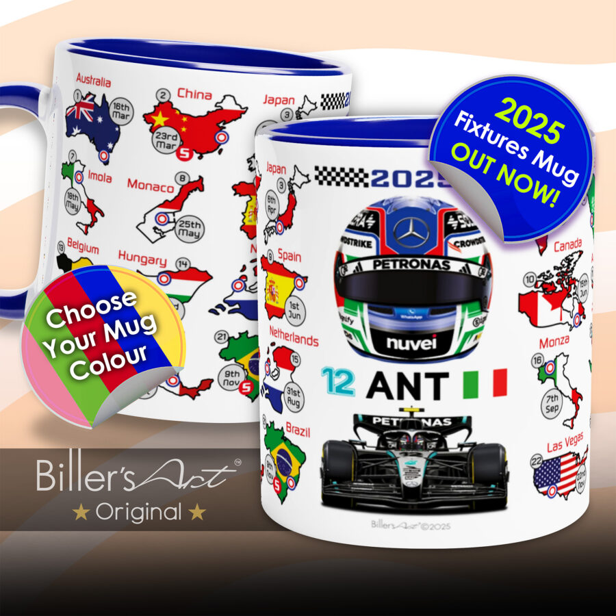 Andrea Kimi Antonelli's 2025 Formula 1 Helmet and Car High Quality Calendar Mug from the Kimi Räikkönen store collection.