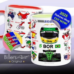 Gabriel Bortoleto's 2025 Formula 1 Helmet and Car High Quality Calendar Mug from the Formula 1 Memorabilia store collection.