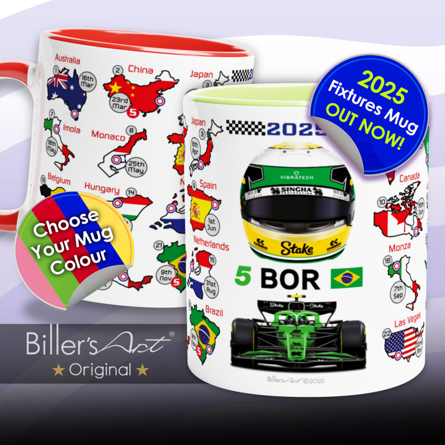 Gabriel Bortoleto's 2025 Formula 1 Helmet and Car High Quality Calendar Mug from the F1 Accessories store collection.