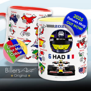 Isack Hadjar's 2025 Formula 1 Helmet and Car High Quality Calendar Mug from the Scuderia Toro Rosso store collection.