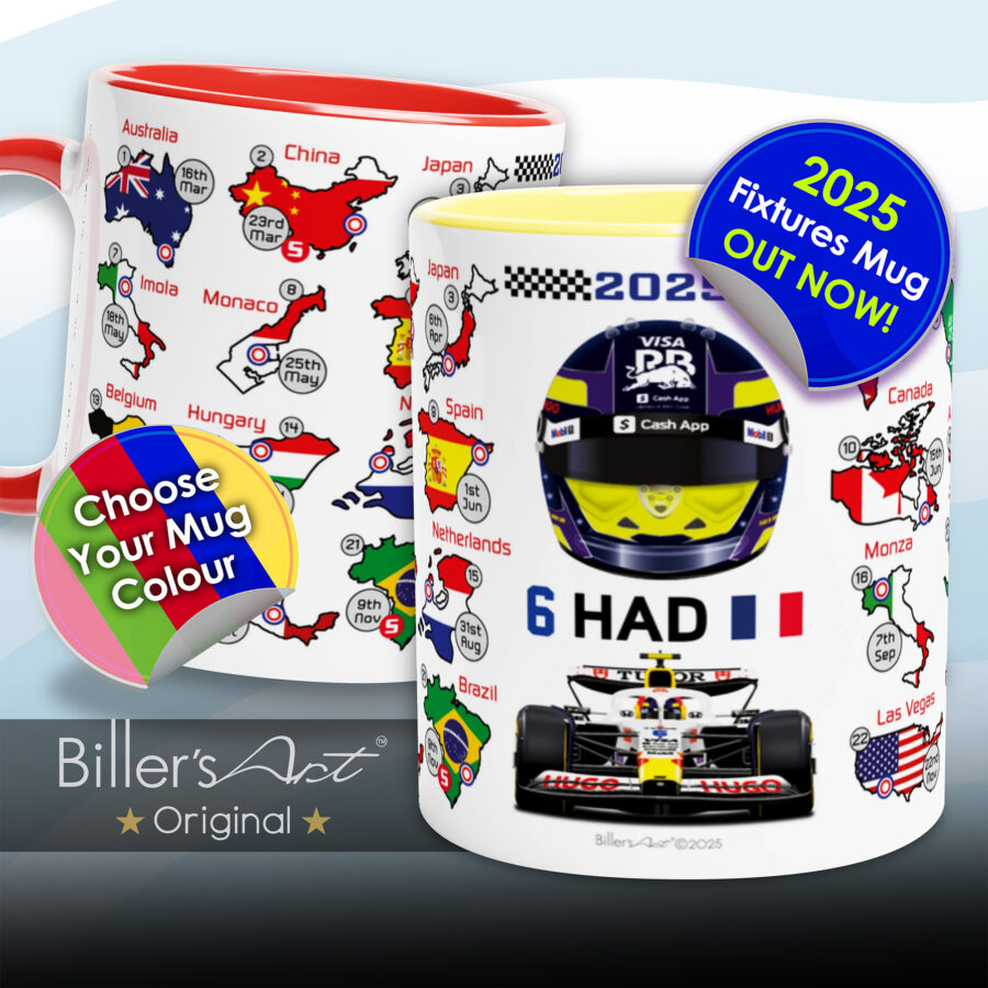Isack Hadjar's 2025 Formula 1 Helmet and Car High Quality Calendar Mug from the Scuderia Toro Rosso store collection.