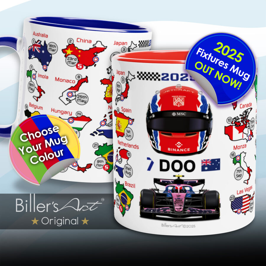 Jack Doohan's 2025 Formula 1 Helmet and Car High Quality Calendar Mug from the Formula 1 Memorabilia store collection.