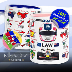 Liam Lawson's 2025 Formula 1 Helmet and Car High Quality Calendar Mug from the Sports Car Racing Accessories store collection.