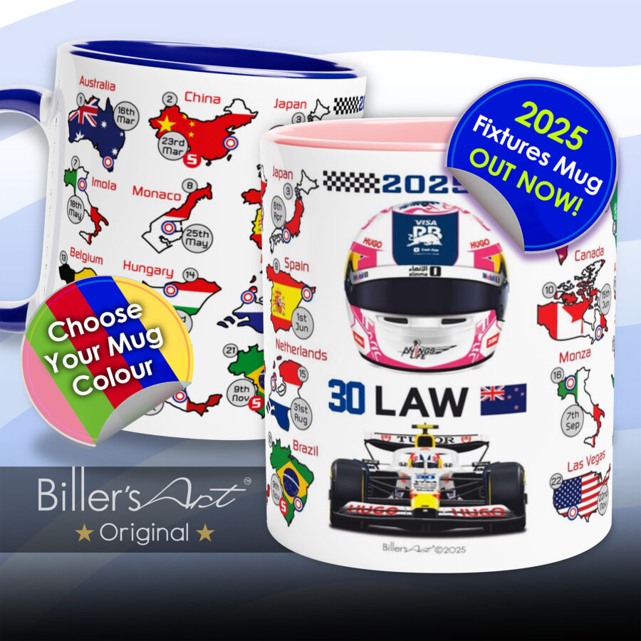 Liam Lawson's 2025 Formula 1 Helmet and Car High Quality Calendar Mug from the Formula 1 Memorabilia store collection.