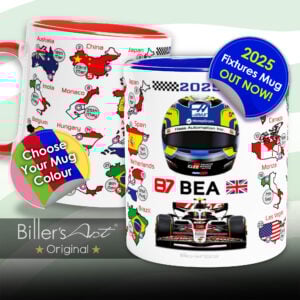 Oliver Bearman's 2025 Formula 1 Helmet and Car High Quality Calendar Mug from the Formula 1 Memorabilia store collection.