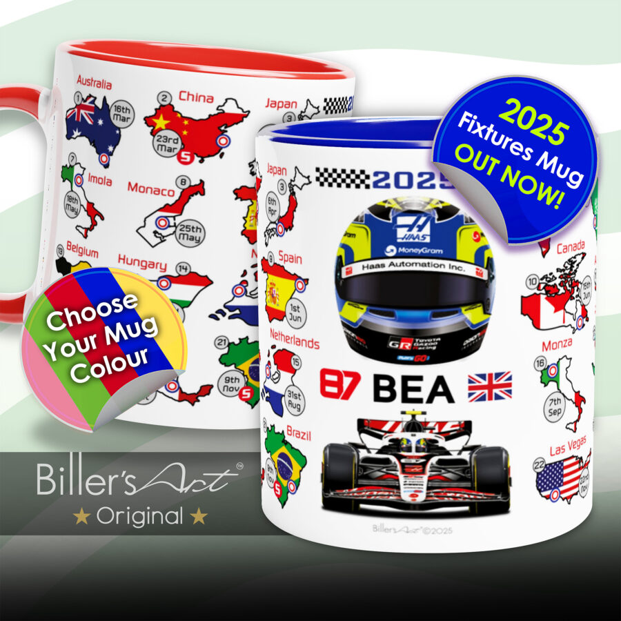 Oliver Bearman's 2025 Formula 1 Helmet and Car High Quality Calendar Mug F1 Accessories