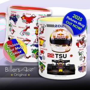 Yuki Tsunoda's 2025 Formula 1 Helmet and Car High Quality Calendar Mug  by Billeresque