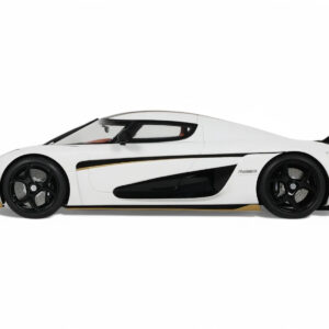 2023 Koenigsegg Regera White with Black Stripes 1/18 Model Car by GT Spirit from the Koenigsegg store collection.