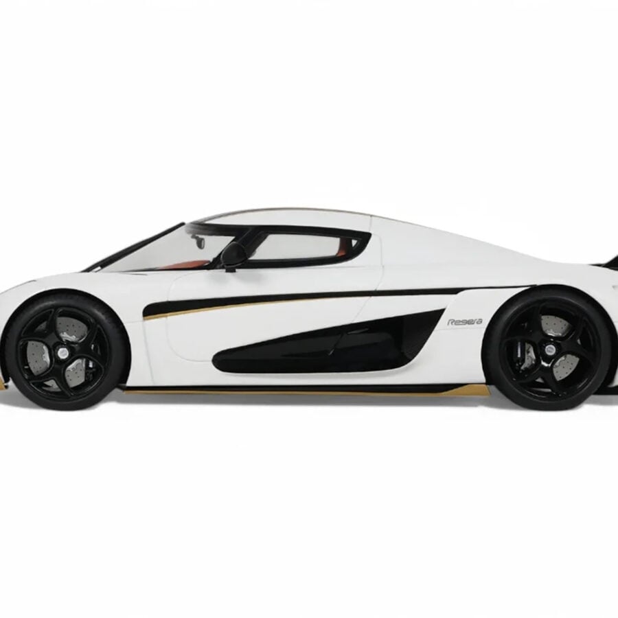 2023 Koenigsegg Regera White with Black Stripes 1/18 Model Car by GT Spirit from the Koenigsegg store collection.