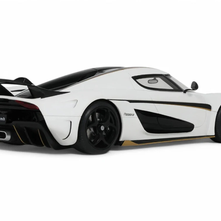 2023 Koenigsegg Regera White with Black Stripes 1/18 Model Car by GT Spirit from the Koenigsegg store collection.
