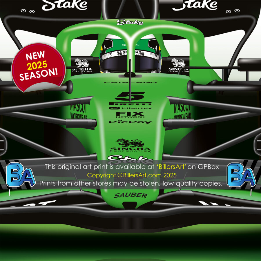 Gabriel Bortoleto's 2025 Kick Sauber Racing Car. A Very High Quality Illustration from the Formula 1 Memorabilia store collection.