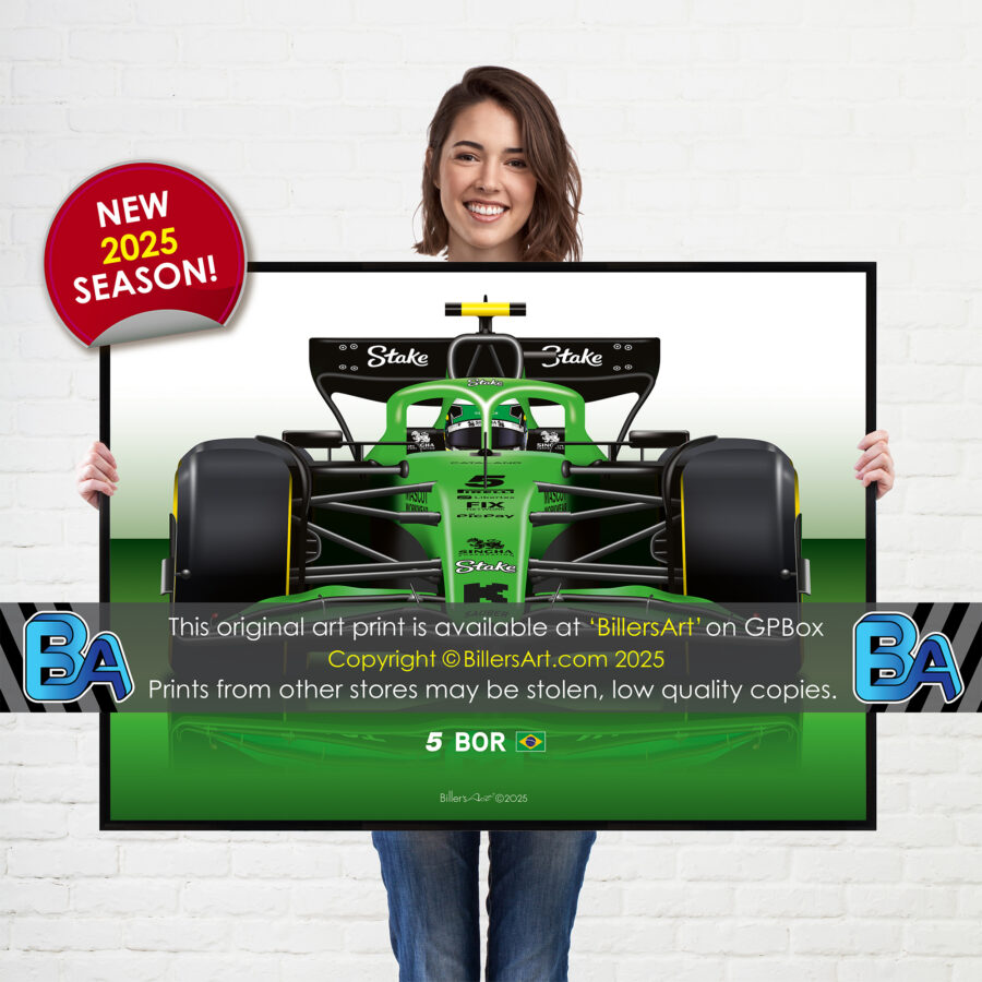 Gabriel Bortoleto's 2025 Kick Sauber Racing Car. A Very High Quality Illustration from the Formula 1 Memorabilia store collection.