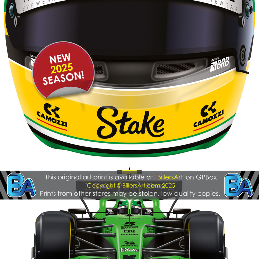 Gabriel Bortoleto's 2025 Helmet and Kick Sauber Racing Car. A Very High Quality Illustration F1 Art