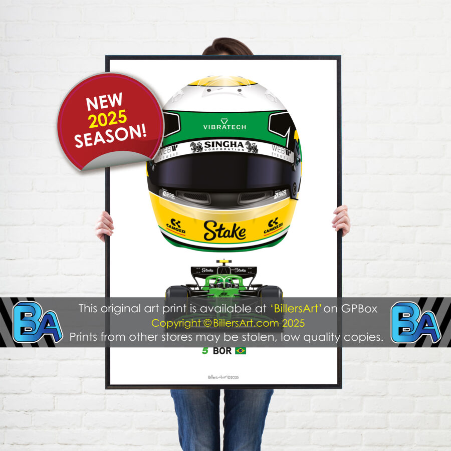 Gabriel Bortoleto's 2025 Helmet and Kick Sauber Racing Car. A Very High Quality Illustration F1 Art