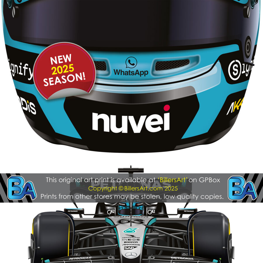 George Russell's 2025 Helmet and Mercedes Racing Car. A Very High Quality Illustration F1 Art