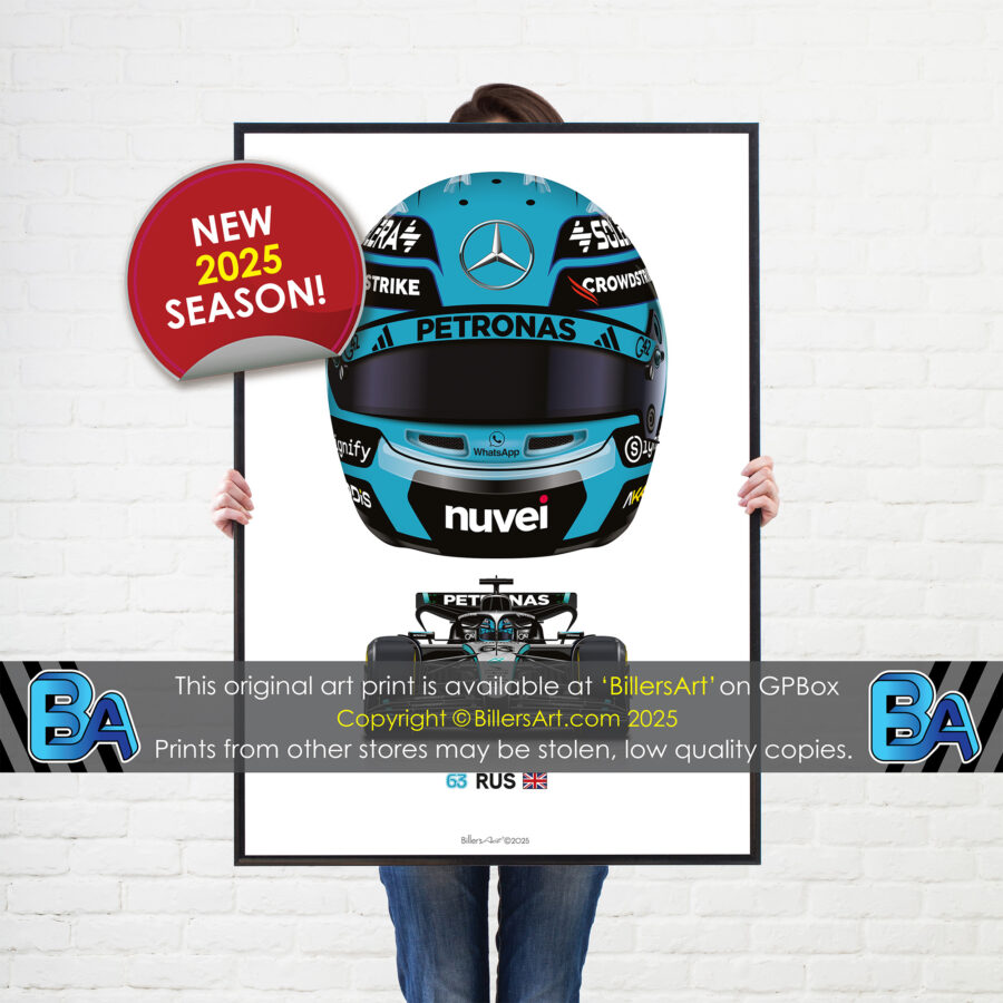George Russell's 2025 Helmet and Mercedes Racing Car. A Very High Quality Illustration F1 Art