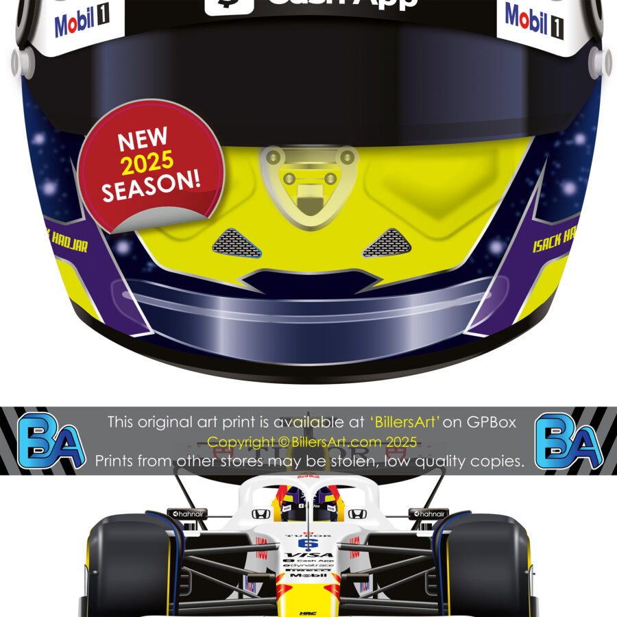 Isack Hadjar's 2025 Helmet and Racing Bulls Racing Car. A Very High Quality Illustration from the Formula 1 Memorabilia store collection.