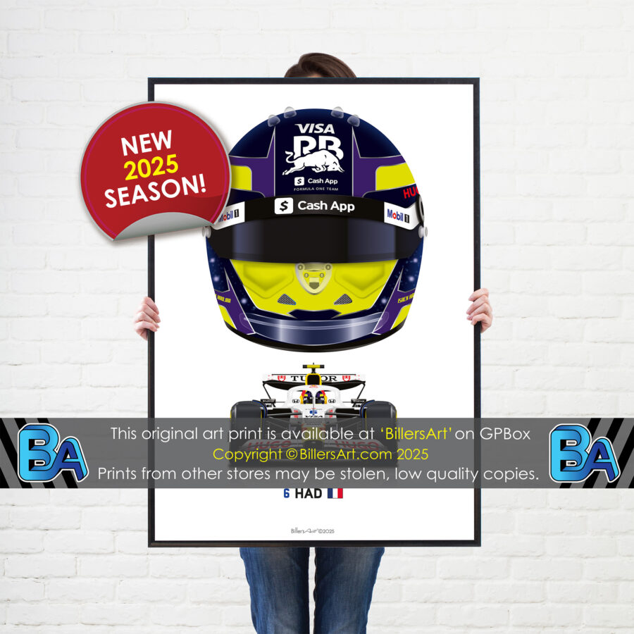 Isack Hadjar's 2025 Helmet and Racing Bulls Racing Car. A Very High Quality Illustration from the Formula 1 Memorabilia store collection.
