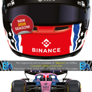 Jack Doohan's 2025 Helmet and Alpine Racing Car. A Very High Quality Illustration from the Formula 1 Memorabilia store collection.