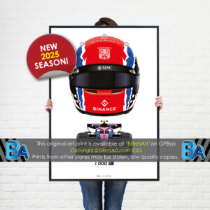 Jack Doohan's 2025 Helmet and Alpine Racing Car. A Very High Quality Illustration from the Formula 1 Memorabilia store collection.