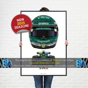 Lance Stroll's 2025 Helmet and Aston Martin Racing Car. A Very High Quality Illustration  by Billeresque