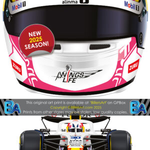 Liam Lawson's 2025 Helmet and Racing Bulls Racing Car. A Very High Quality Illustration from the Formula 1 Memorabilia store collection.
