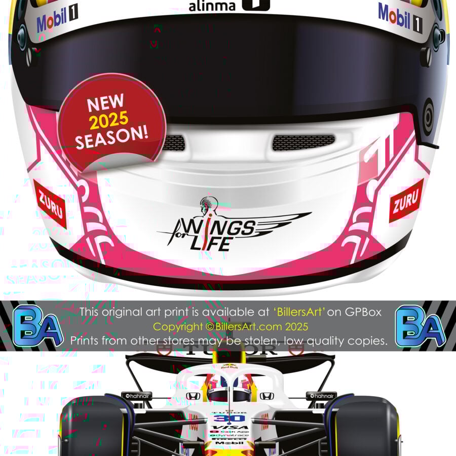 Liam Lawson's 2025 Helmet and Racing Bulls Racing Car. A Very High Quality Illustration from the F1 Collectibles store collection.