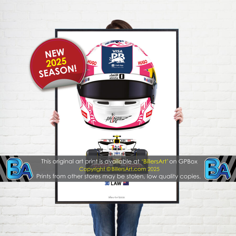 Liam Lawson's 2025 Helmet and Racing Bulls Racing Car. A Very High Quality Illustration from the F1 Collectibles store collection.