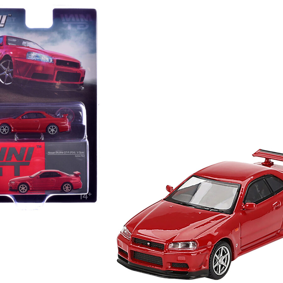 Nissan Skyline GT-R (R34) V-Spec RHD (Right Hand Drive) Active Red Limited Edition 1/64 Diecast Model Car by Mini GT Automotive