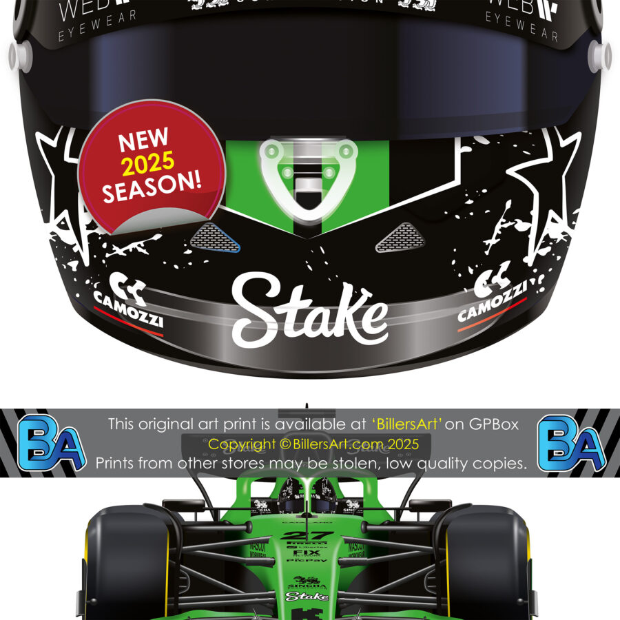 Nico Hülkenberg's 2025 Helmet and Kick Sauber Racing Car. A Very High Quality Illustration Formula 1 Memorabilia