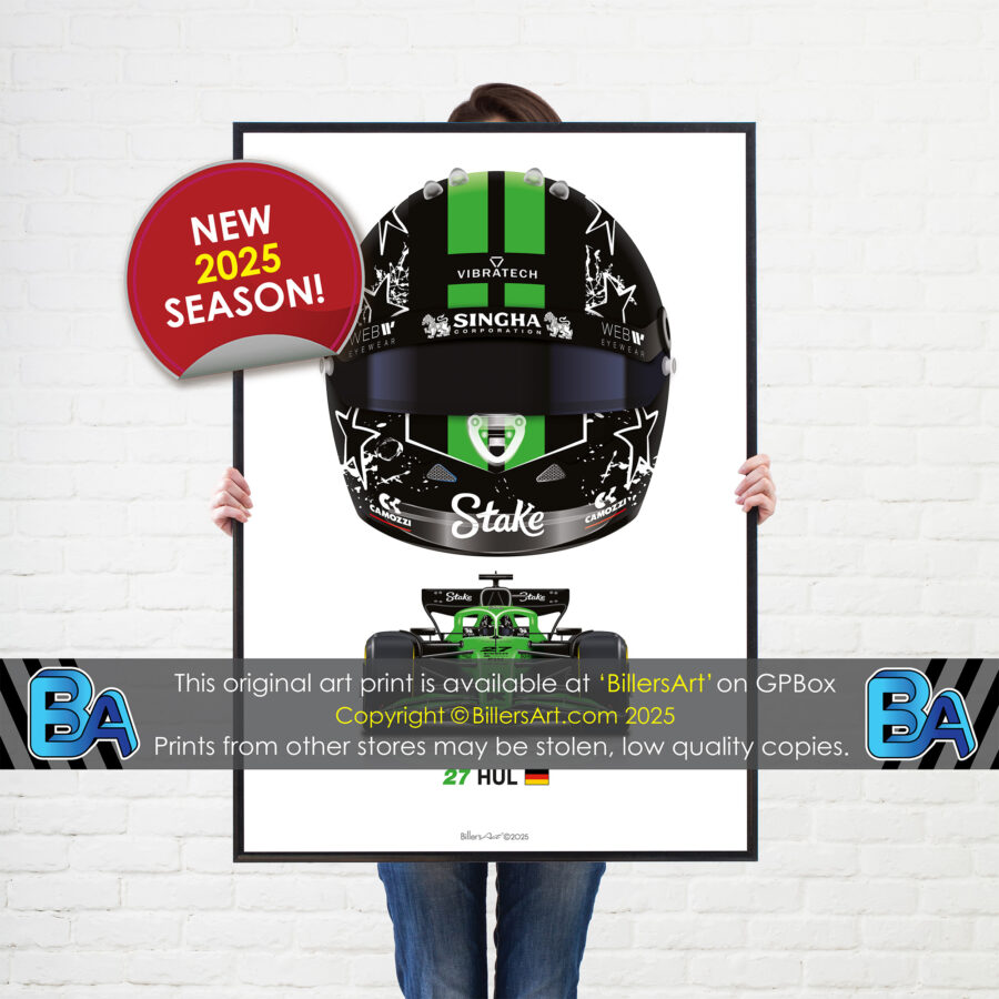 Nico Hülkenberg's 2025 Helmet and Kick Sauber Racing Car. A Very High Quality Illustration Formula 1 Memorabilia