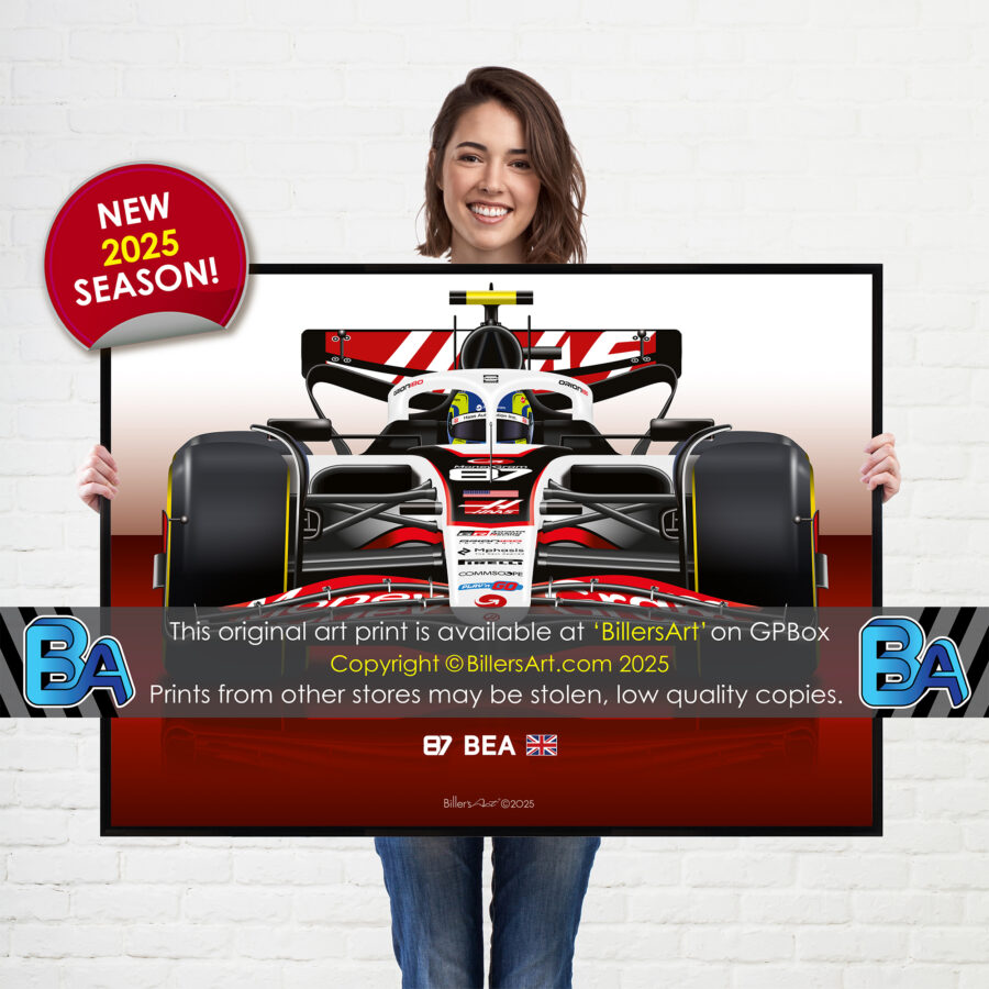 Oliver Bearman's 2025 Haas Racing Car. A Very High Quality Illustration F1 Art