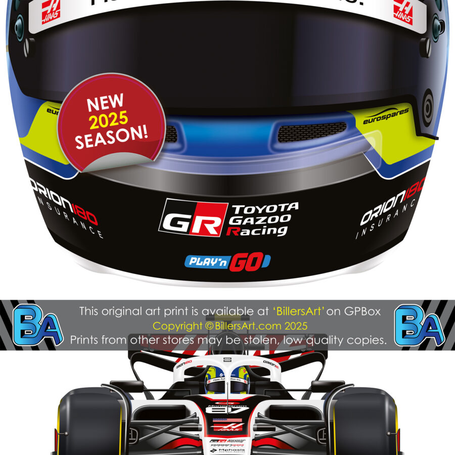 Oliver Bearman's 2025 Helmet and Haas Racing Car. A Very High Quality Illustration F1 Art