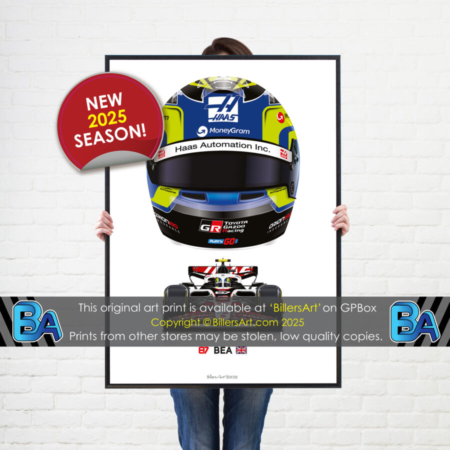 Oliver Bearman's 2025 Helmet and Haas Racing Car. A Very High Quality Illustration F1 Art